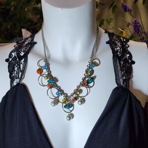 Vintage Silver Toned Multicolor Beaded Necklace With Circles And Charms